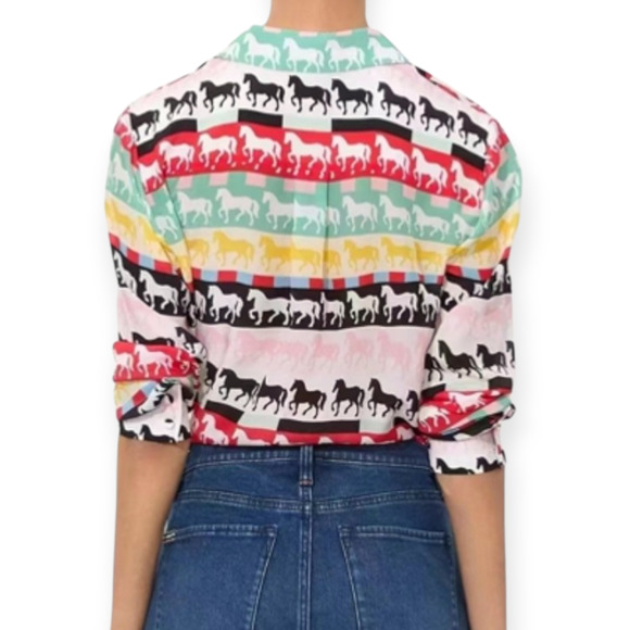 Alice + Olivia Willa Placket Horse Stallion Silk Blouse Size Small - Picture 2 of 7
